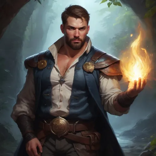 Prompt: Male stocky large fat templar with short-cut hair and beard, open shirt hairy chest, in combat casting a magic-ray out of hands in nature at night, pathfinder, d&d setting, in a realistic high quality digital art style, enhanced shadow quality, colorful