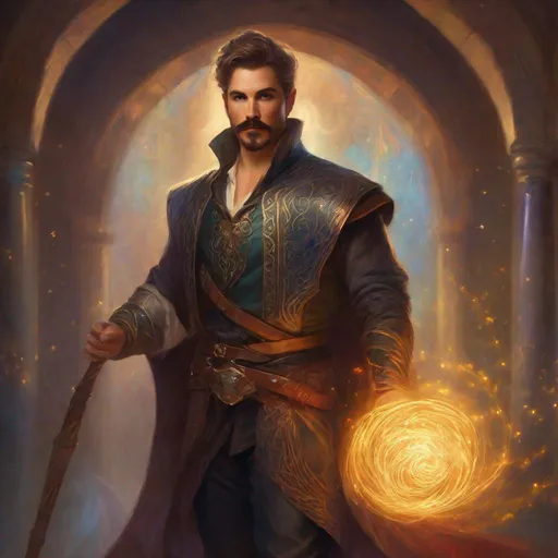 Prompt: (Full body) a male magus with mustache and stubble short-cut hair, handsome manly face, belt, boots, revealing clothing, hairy chest, holding magical staff, swirly lights, standing in a otherwordly dimention, fantasy setting, dungeons & dragons, in a painted style realistic art