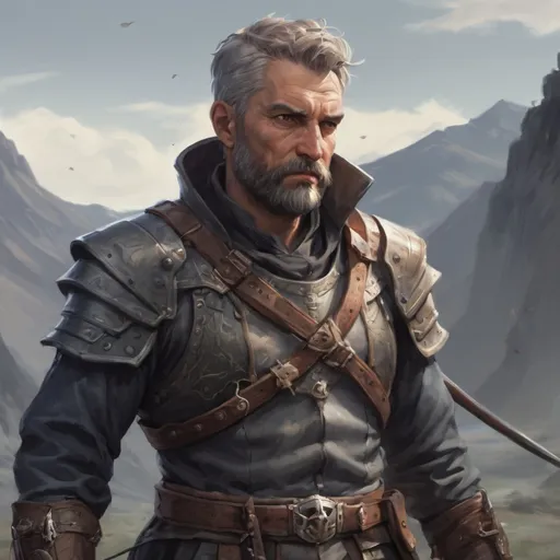 Prompt: (torso) Male heavy-set mature fit bard with short-cut hair and beard, holding fantasy-weapon , in a windy battlefield, pathfinder, d&d setting, enhanced shadow quality