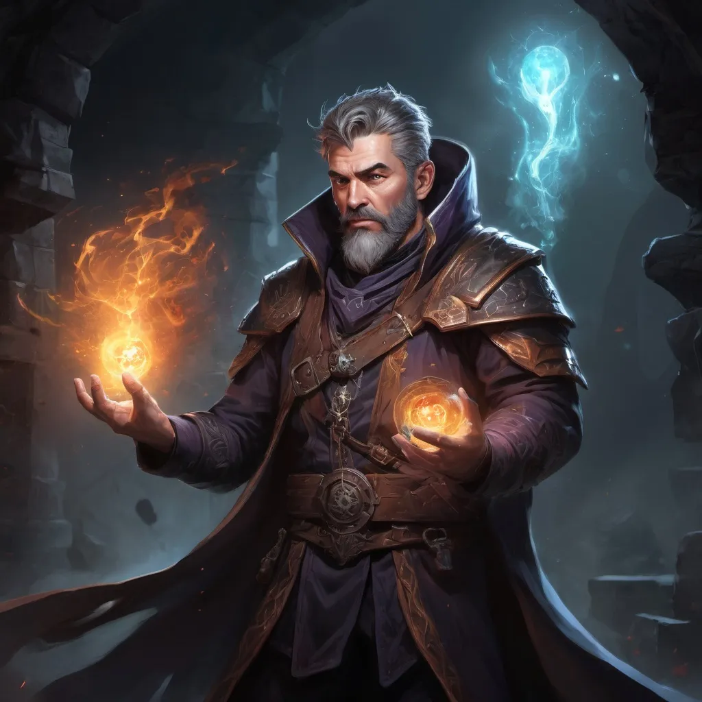 Prompt: Male stocky large mature warlock with short-cut hair and beard, engaged in combat casting a astral spell inside of a dark dungeon, pathfinder, d&d setting, in a realistic high quality digital art style, enhanced shadow quality, colorful