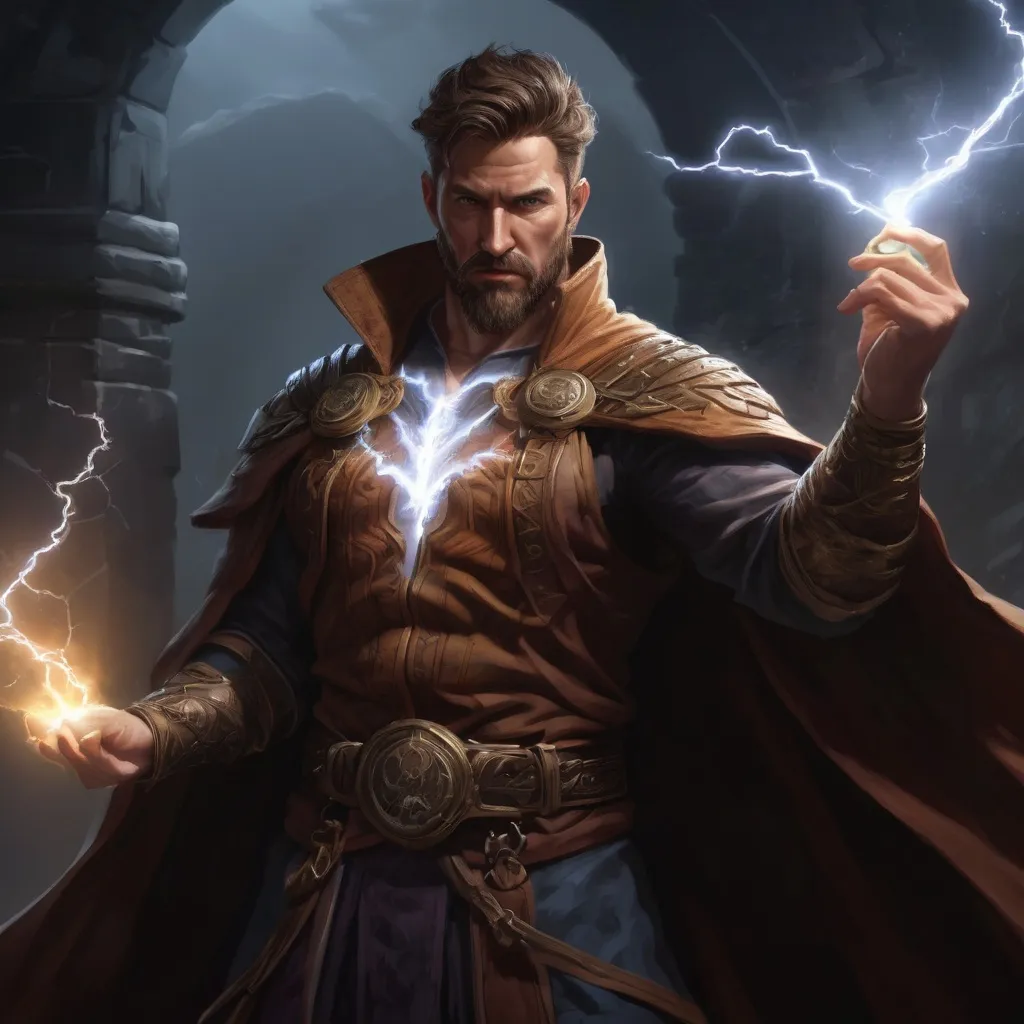 Prompt: (torso) Male stocky large muscular mature druid with short-cut brown hair and beard, engaged in combat casting a lightning spell inside of a dark dungeon, pathfinder, d&d setting, in a realistic high quality digital art style, enhanced shadow quality, wearing colorful robes