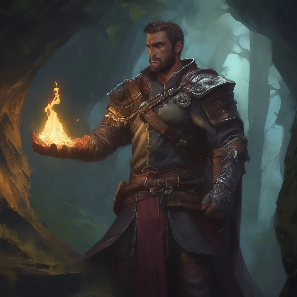 Prompt: (Full body) male handsome large muscular magical warlock with short hair and beard, outside of a cave by a forest at night, pathfinder, d&d setting, in a realistic high quality digital art style