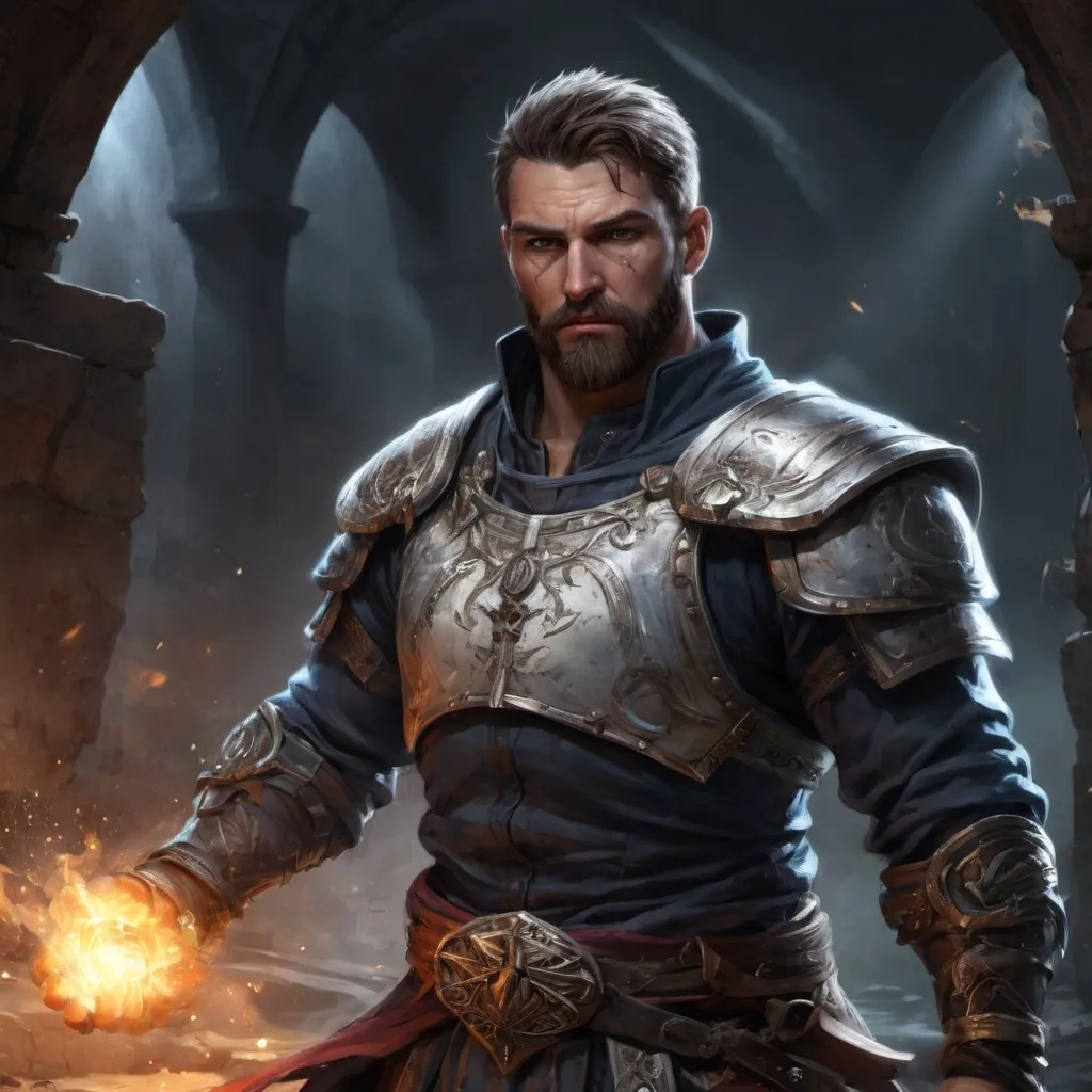 Prompt: (torso) Male stocky large muscular battle-mage with short-cut hair and beard, engaged in combat casting a white-light spell inside of a dark dungeon, in movement, pathfinder, d&d setting, realistic, enhanced shadow quality, colorful