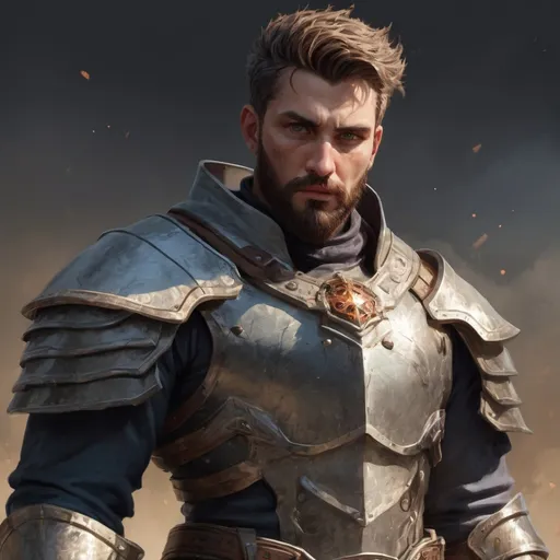 Prompt: (torso) Male stocky manly magical crusader with short-cut hair and beard, on a battlefield, in combat, holding a magic weapon, bright aura, pathfinder, d&d setting, in a realistic high quality digital art style, enhanced shadow quality