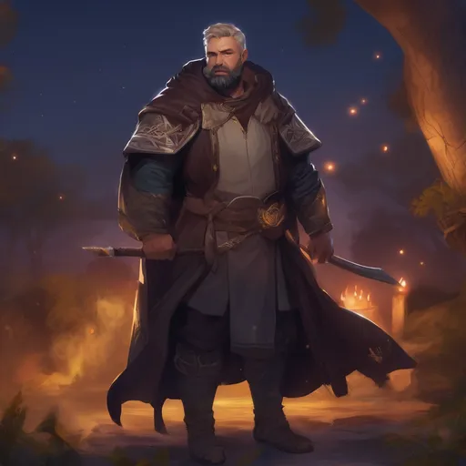 Prompt: (Full body) male stocky spanish magical elememtal mage with short hair and beard, big arms, in nature at night, pathfinder, d&d setting, in a realistic digital art style