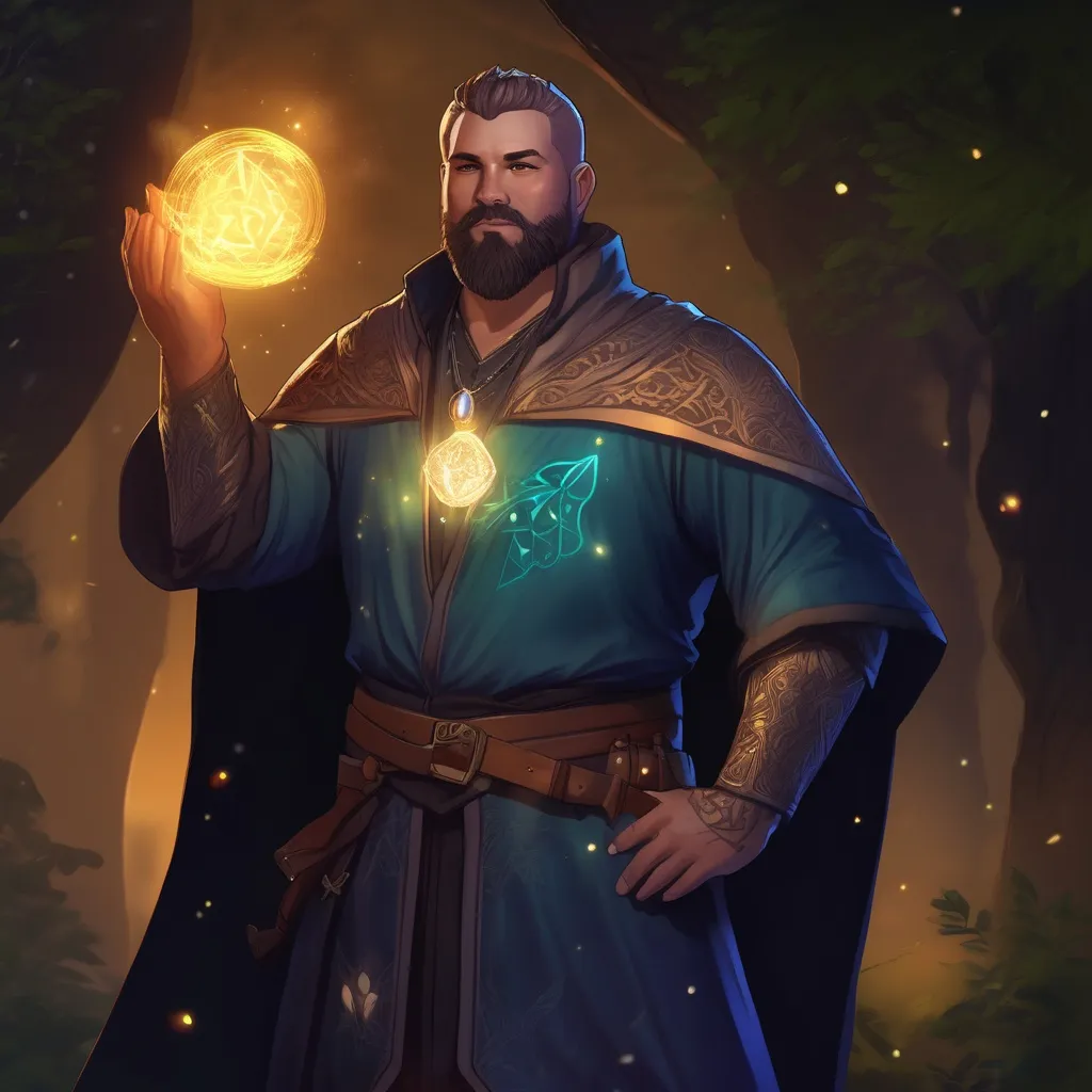 Prompt: (Full body) male stocky astral magus with short hair and beard, open shirt, in dark lit nature background, pathfinder, d&d setting, in a realistic digital art style