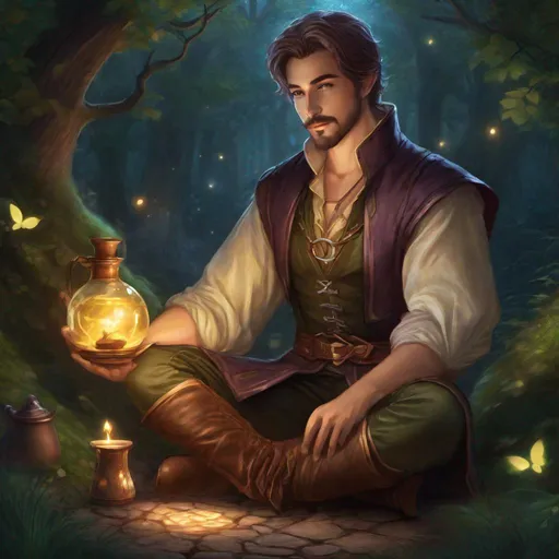 Prompt: (Full body) A half-elf male alchemist with short-cut hair with a mustache and stubble, pathfinger, magic swirl, leather pants, holding magic potion, dungeons and dragons, brown boots, fantasy setting, in a forest glade at night, in a painted style realistic art