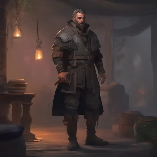 Prompt: (Full body) male stocky young noble with grey short-cut hair and beard, in a dark room, pathfinder, d&d setting, in a realistic digital art style