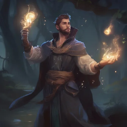 Prompt: (Full body) male manly stocky young nature-mage with short-cut hair and beard, casting a magical spell, in nature at night, pathfinder, d&d setting, in a realistic digital art style