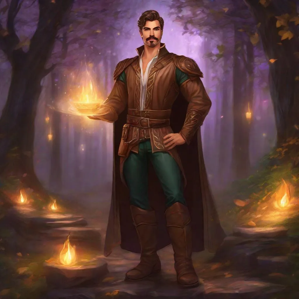 Prompt: (Full body) A male muscular mage with short cut hair with a mustache and stubble manly face, pathfinger, magic swirl, visible chest, leather pants, holding magic, dungeons and dragons, brown boots, fantasy setting, standing in a forest glade at night, in a painted style realistic art