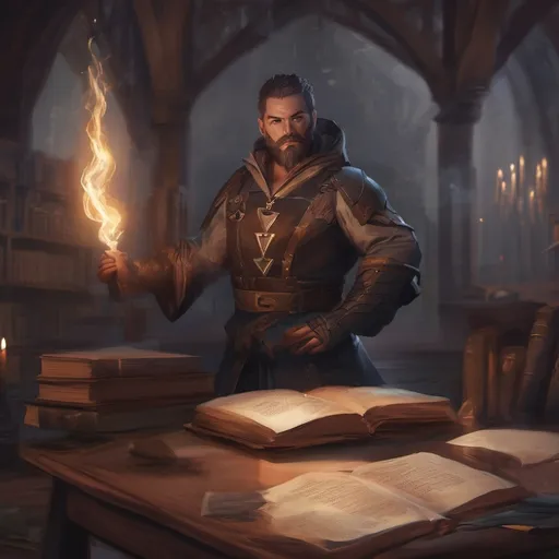 Prompt: (Full body) male stocky summoner with striped short hair and beard, casting a swirly light spell, in a dark library, pathfinder, d&d setting, in a realistic digital art style