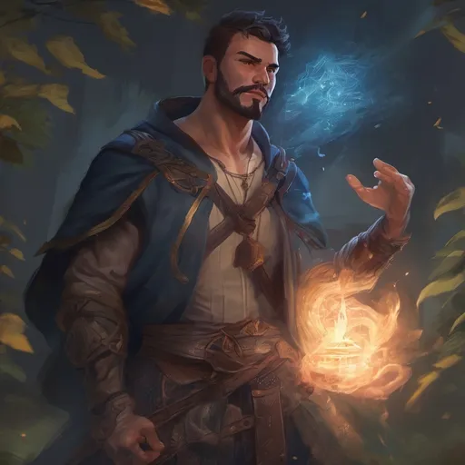 Prompt: (Full body) male stocky young muscular magus with short-cut hair and a mustache, casting an astral-spell, in nature at night pathfinder, d&d setting, in a realistic digital art style