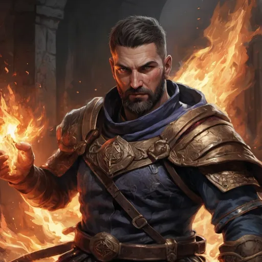 Prompt: (torso) Male stocky large croatian handsome battle-mage with short-cut hair and beard, engaged in combat casting an arcane-spell inside of a dark dungeon, in movement, pathfinder, d&d setting, realistic, enhanced shadow quality, colorful