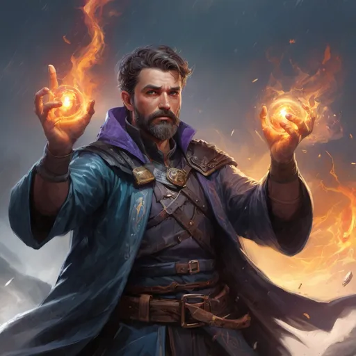 Prompt: Male stocky heavy-set large colorful sorcerer with short-cut hair and beard, casting a magical spell out of hands, on a battlefield in the rain, pathfinder, d&d setting, in a realistic high quality digital art style, enhanced shadow quality