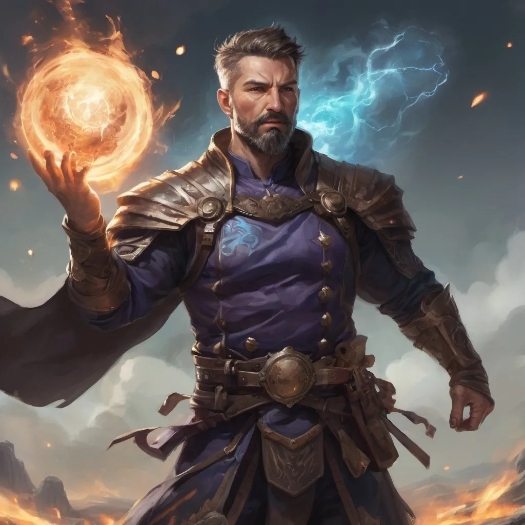 Prompt: Male heavy-set mature fit muscular alchemist-mage with short-cut hair and beard, holding magic-bomb, in a windy battlefield, pathfinder, d&d setting, enhanced shadow quality