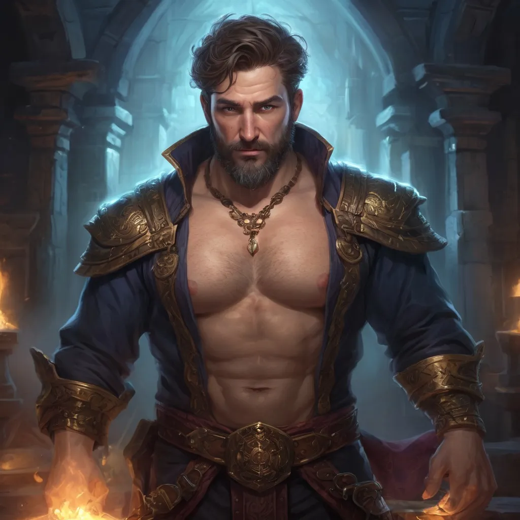 Prompt: (torso) Male stocky mature summoner with short-cut hair and beard, hairy chest open shirt, inside of a magical temple dungeon at night, summoning an magic eidolon-creature, pathfinder, d&d setting, in a realistic high quality digital art style, enhanced shadow quality