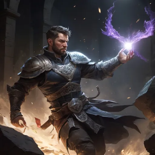 Prompt: Male stocky large muscular battle-mage with short-cut hair and beard, engaged in combat casting a white-light spell inside of a dark dungeon, pathfinder, d&d setting, realistic, enhanced shadow quality, colorful