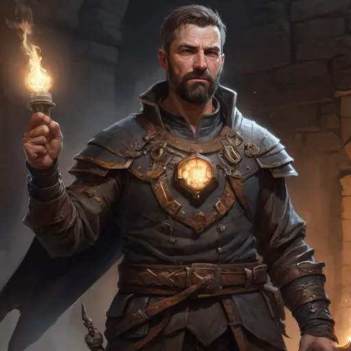 Prompt: (head and torso) Male stocky large mature alchemist with short-cut brown hair and beard, engaged in combat casting a light spell inside of a dark dungeon, pathfinder, d&d setting, in a realistic high quality digital art style, enhanced shadow quality