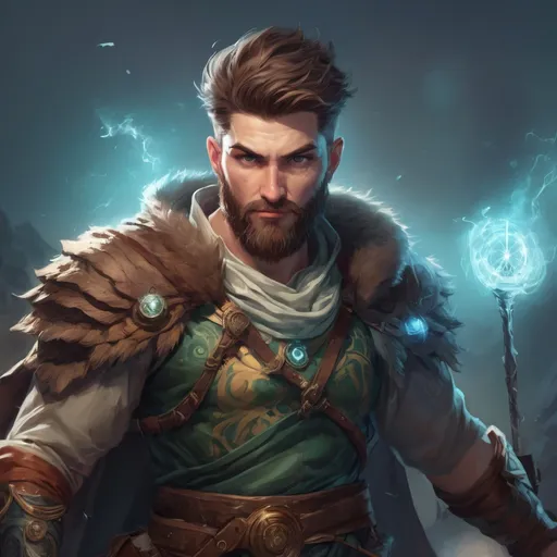 Prompt: (torso) Male stocky masculine magical druid with short-cut hair and beard, on a battlefield, in combat, holding a magic staff, bright aura, pathfinder, d&d setting, in a realistic high quality digital art style, enhanced shadow quality