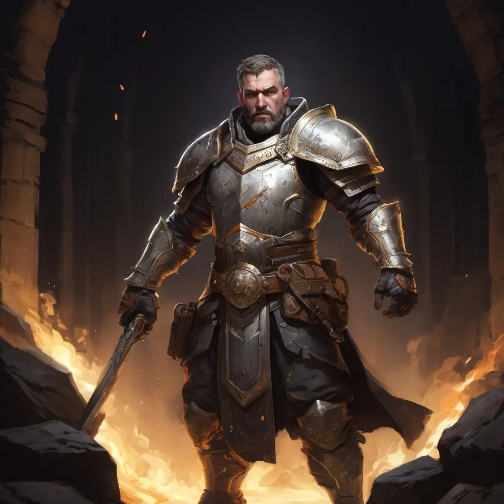 Prompt: Male stocky large mature paladin with short-cut hair and beard, engaged in combat inside of a dark dungeon, pathfinder, d&d setting, in a realistic high quality digital art style, enhanced shadow quality, colorful
