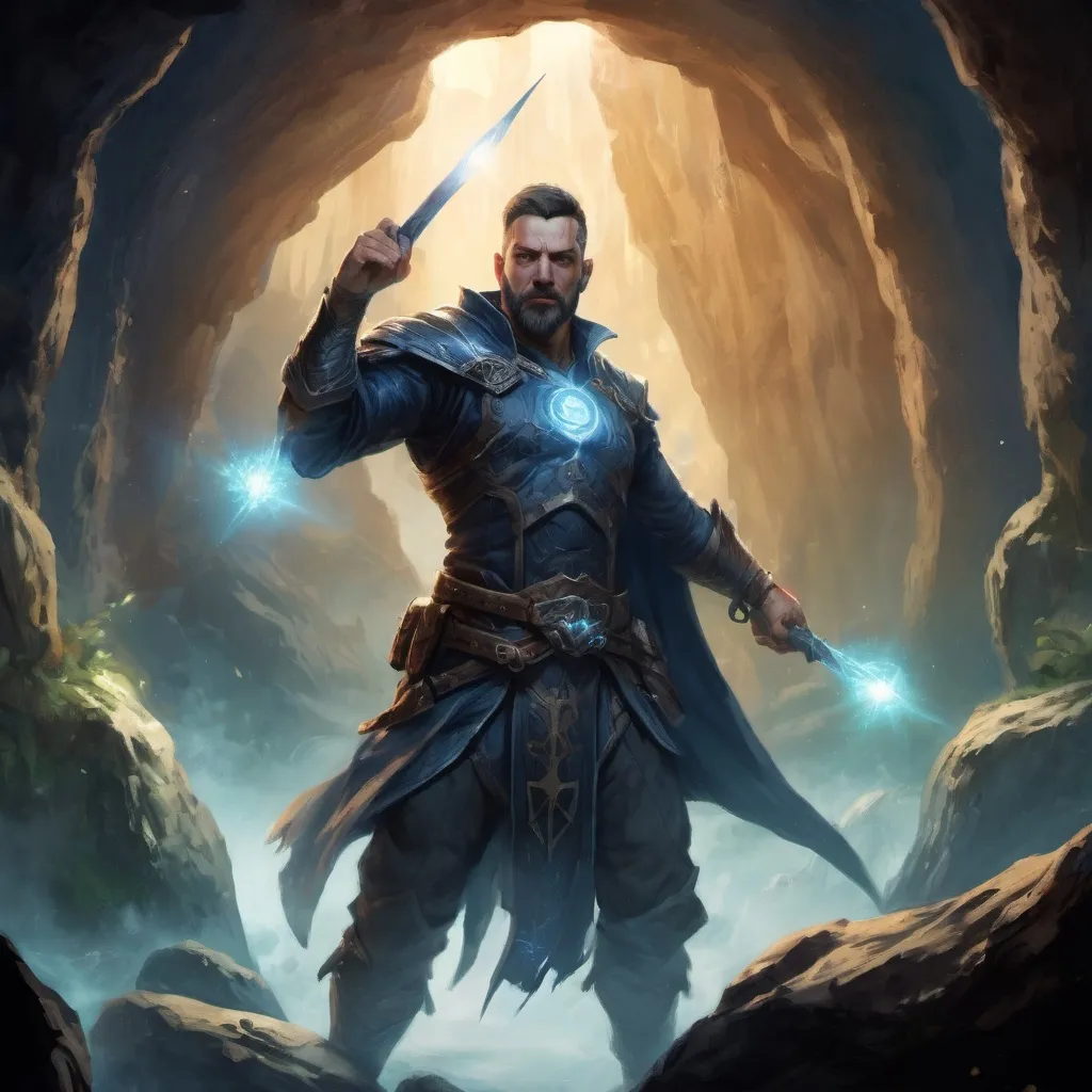 Prompt: (Torso) Male stocky large fit mature battle-mage with short-cut hair and beard, engaged in combat casting a light-spell inside of a magic cave, in movement, pathfinder, d&d setting, realistic, enhanced shadow quality, colorful