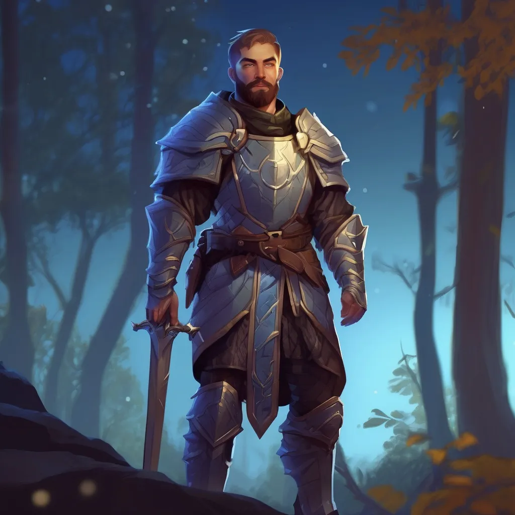 Prompt: (Full body) male paladin with short hair and beard, in nature at night, pathfinder, d&d setting, in a realistic digital art style