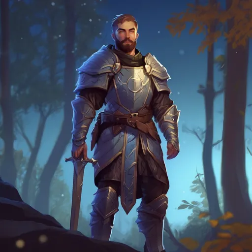 Prompt: (Full body) male paladin with short hair and beard, in nature at night, pathfinder, d&d setting, in a realistic digital art style