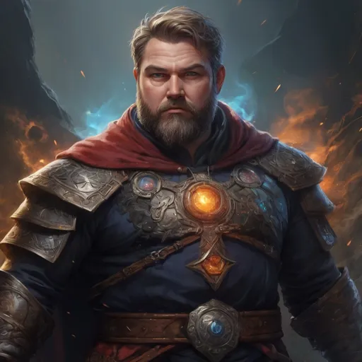 Prompt: (torso) Male stocky large fat Norwegian sorcerer with short-cut hair and beard, exploring a dark astral dimention, pathfinder, d&d setting, in a realistic high quality digital art style, enhanced shadow quality, colorful
