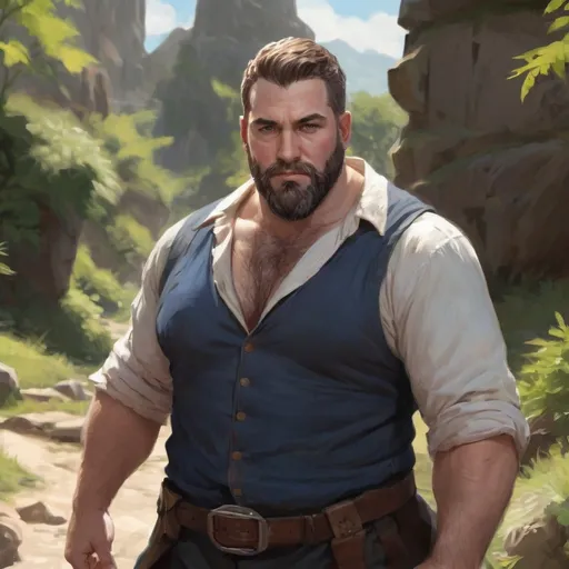 Prompt: (torso) two Male stocky large fat beefy 37-year old enchanter with short-cut hair and beard, open shirt hairy chest, falling in love, holding hands, on a windy path, pathfinder, d&d setting, in a realistic high quality digital art style, enhanced shadow quality, colorful