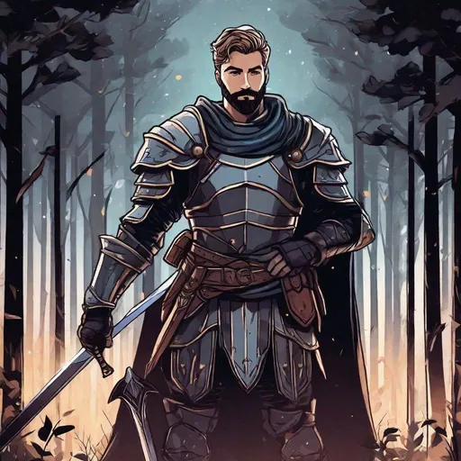 Prompt: (Full body) A handsome gritty male knight with short hair and beard, holding a weapon, standing outside of a forest at night, digital art style