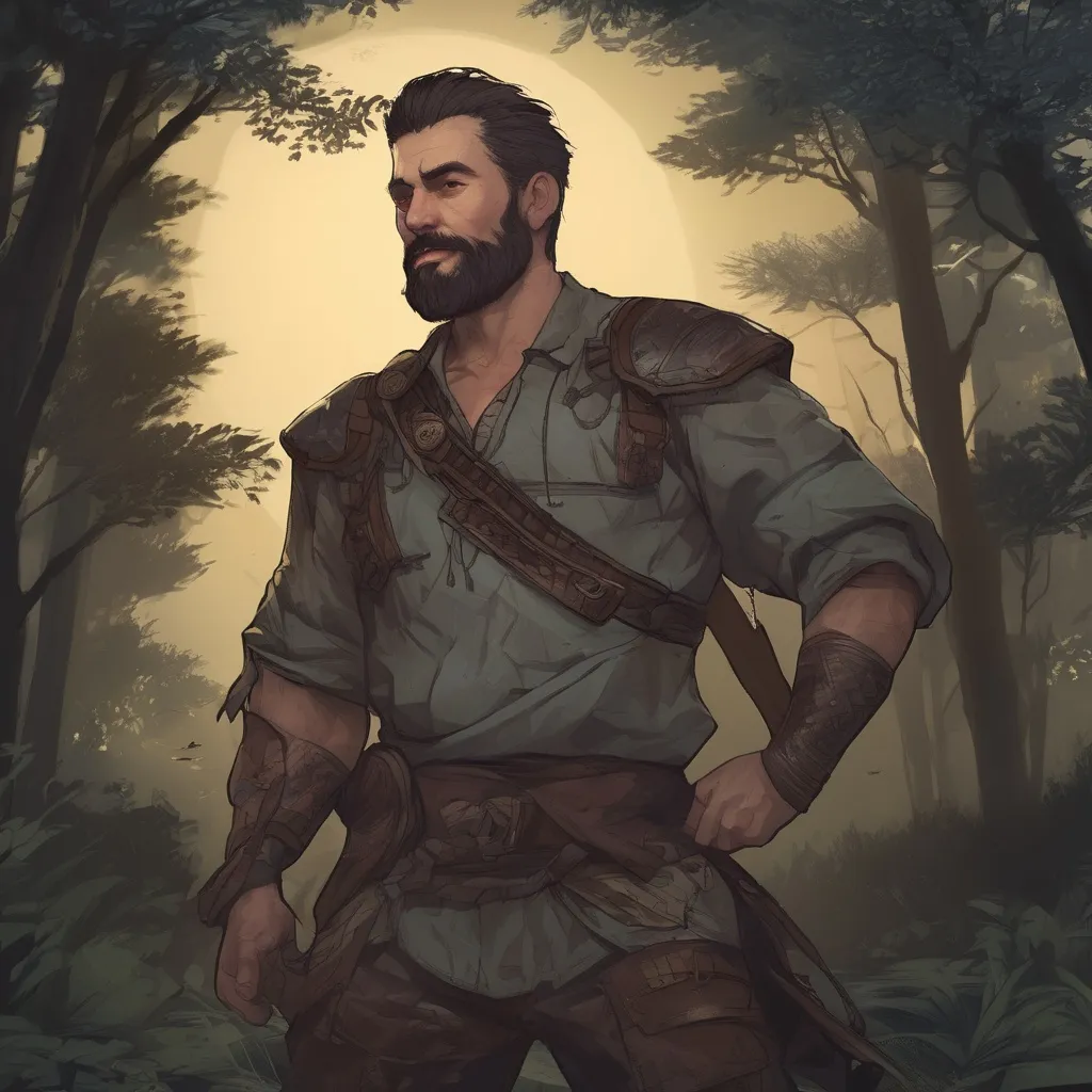 Prompt: (Full body) male stocky fighter with hairy chest and short hair and beard, in nature at night, pathfinder, d&d setting, in a realistic digital art style