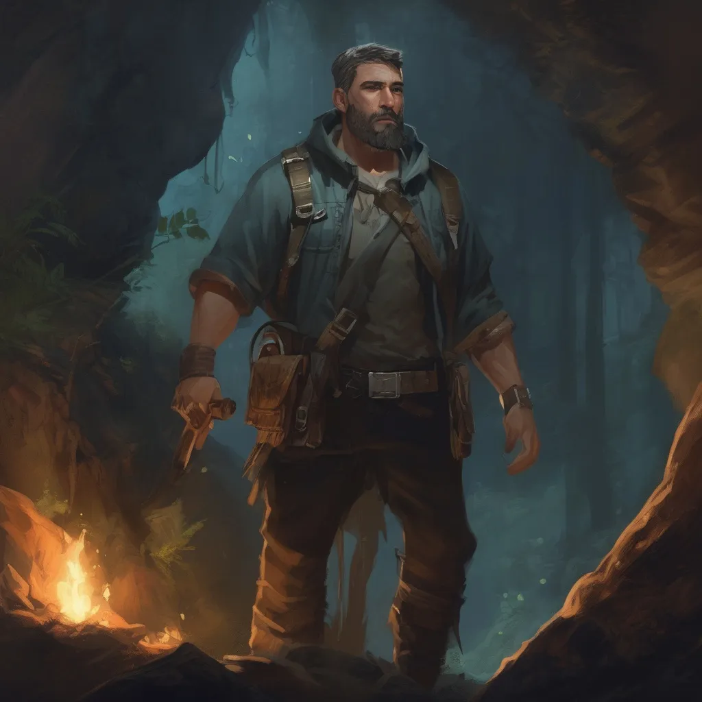 Prompt: (Full body) male stocky handsome thief explorer with short-cut hair and beard, in a forest cave at night pathfinder, d&d setting, in a realistic high quality digital art style