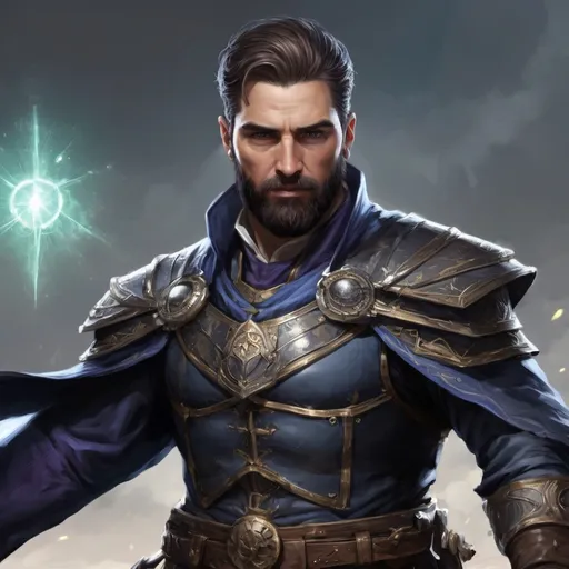 Prompt: (torso) Male stocky heavy-set argentinian royal magus with short-cut hair and beard, casting a magic-spell on a windy field at night, pathfinder, d&d setting, in a realistic high quality digital art style, enhanced shadow quality