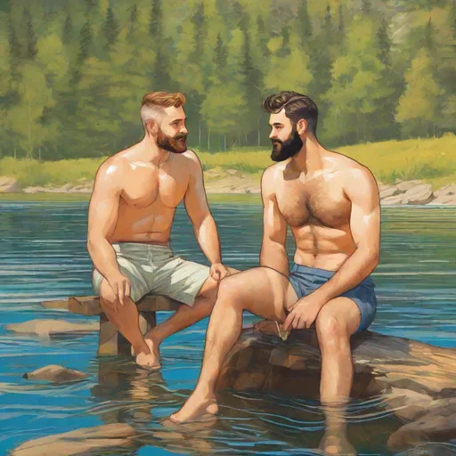 Prompt: (Full-body) Two handsome large gay men with short hair and short beards, no shirt on, no pants on, hairy chests, uncle and nephew, skinny-dipping by a lake, in a painted style
