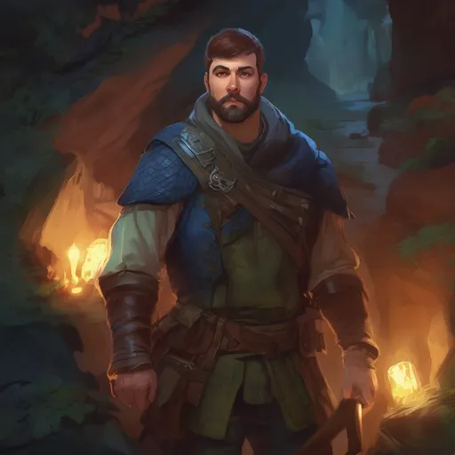 Prompt: (Full body) male stocky handsome arcane-ranger with short-cut hair and beard, in a forest cave at night pathfinder, d&d setting, in a realistic high quality digital art style