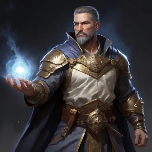 Prompt: (torso) Male stocky large mature fit battle-mage with short-cut hair and beard, engaged in combat casting a light-spell  nature, pathfinder, d&d setting, enhanced shadow quality