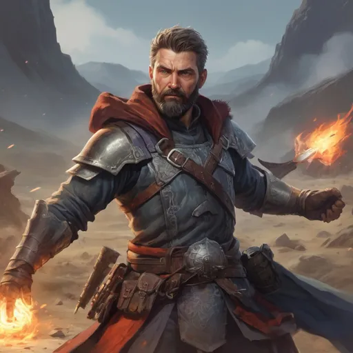 Prompt: Male heavy-set mature marskman with short-cut hair and beard, on a battlefield, in combat, pathfinder, d&d setting, in a realistic high quality digital art style, enhanced shadow quality, colorful
