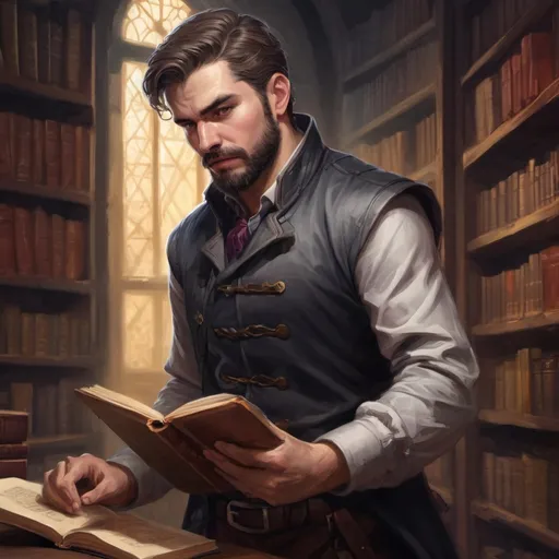 Prompt: Male stocky noble spy, with short hair and beard, in a dark library in a castle, pathfinder, d&d setting, in a realistic high quality digital art style, enhanced shadow quality, colorful