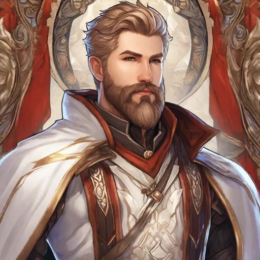 Prompt: A male white mage with dark-blonde short hair and beard, boots, pathfinder, in a detailed realistic digital art style