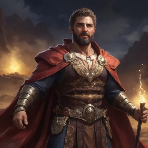 Prompt: male stocky heavy-set royal argentinian transmuter-magus with short-cut hair and beard, open shirt hairy chest, casting bright spell, in windy valley at night, pathfinder, d&d setting, realistic high quality, enhanced shadow quality