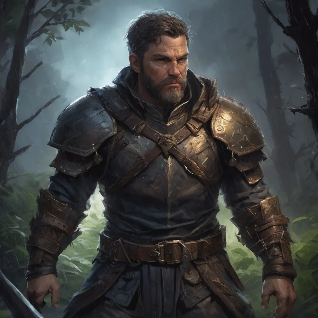 Prompt: Male stocky hairy mature warrior in  a breastplate, with short hair and beard, in a dark thicket by a battlefield at night in a rainstorm, pathfinder, d&d setting, in a realistic high quality digital art style, enhanced shadow quality, colorful