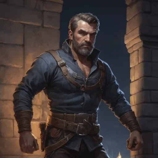 Prompt: (torso) Male heavy-set mature fit bandit with short-cut hair and beard, climbing a wall of a mansion at night, windy, pathfinder, d&d setting, enhanced shadow quality