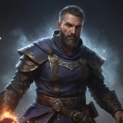 Prompt: (torso) Male stocky large slovakian handsome battle-mage with short-cut hair and beard, engaged in combat casting an arcane-spell inside of a dark dungeon, in movement, pathfinder, d&d setting, realistic, enhanced shadow quality, colorful