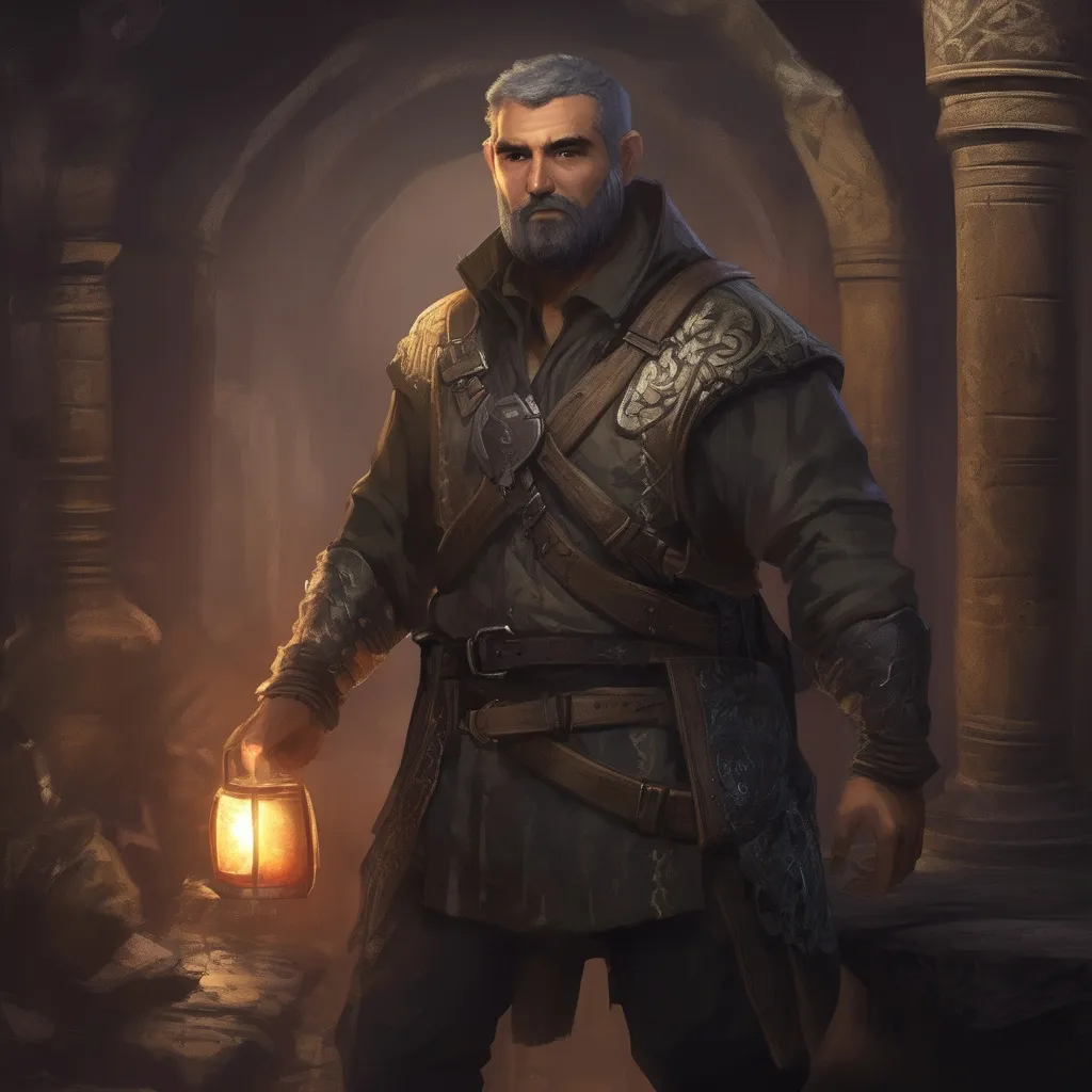 Prompt: (Full body) male stocky bard with grey short-cut hair and beard, in a dark underground dungeon temple, pathfinder, d&d setting, in a realistic digital art style