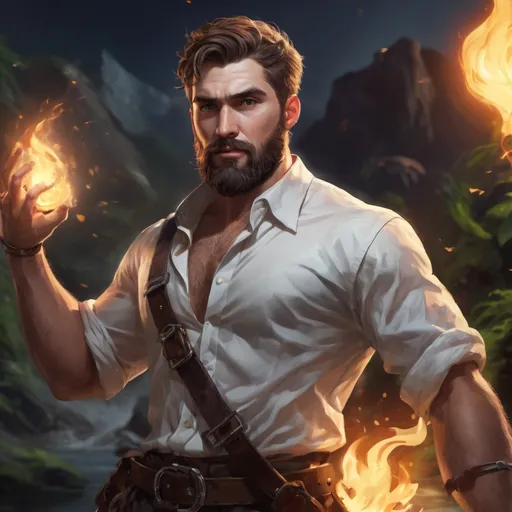Prompt: male stocky heavy-set croatian transmuter with short-cut hair and beard,  open shirt hairy chest, casting swirly bright spell, in nature at night, pathfinder, d&d setting, in a realistic high quality digital art style, enhanced shadow quality