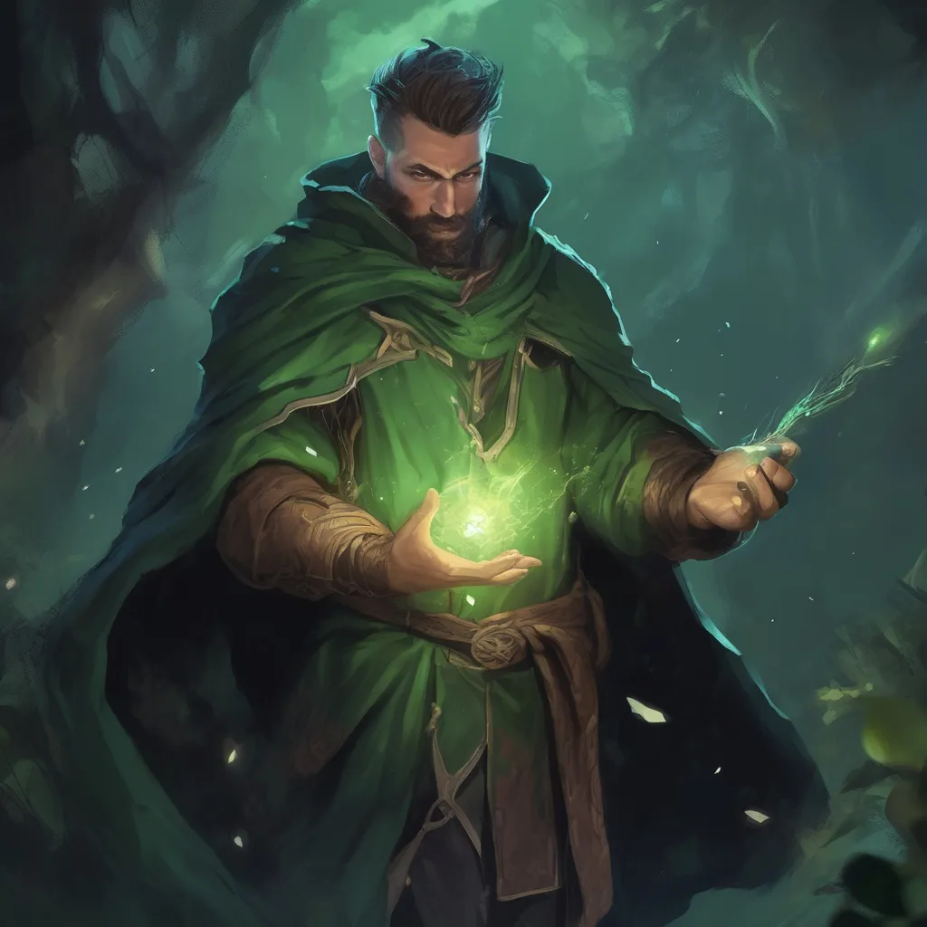 Prompt: (Full body) male stocky young magical Green-mage with short-cut hair and beard, casting a magical spell, in nature in the dark, cloak, pathfinder, d&d setting, in a realistic digital art style