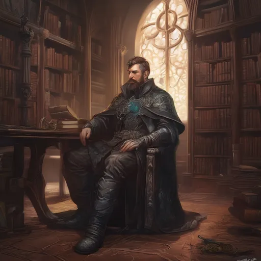 Prompt: (Full body) male stocky young warlock with short hair and beard, casting swirly eldritch spell, in a dark castle library, pathfinder, d&d setting, in a realistic high quality digital art style