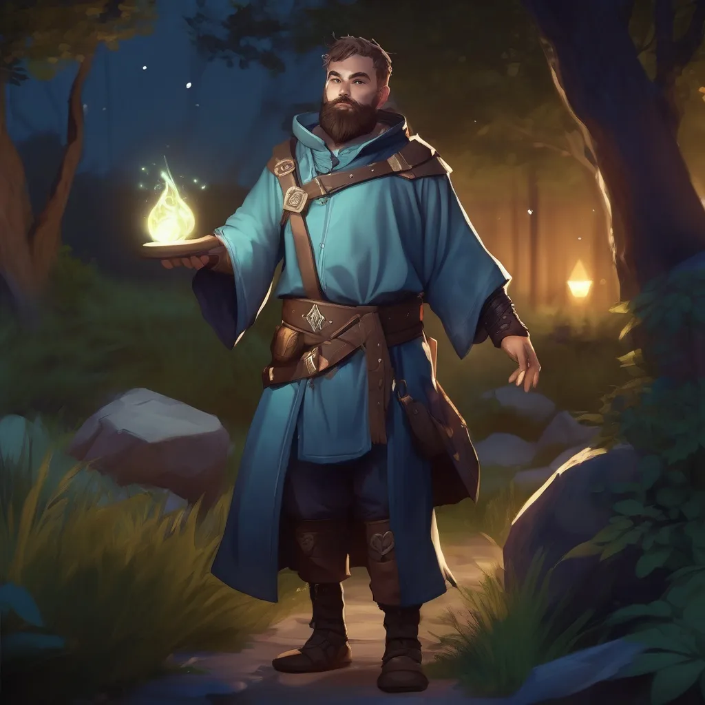 Prompt: (Full body) male magical stocky cleric with short hair and beard, in nature at night, pathfinder, d&d setting, in a realistic digital art style