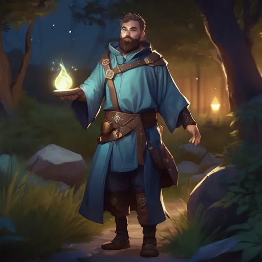 Prompt: (Full body) male magical stocky cleric with short hair and beard, in nature at night, pathfinder, d&d setting, in a realistic digital art style