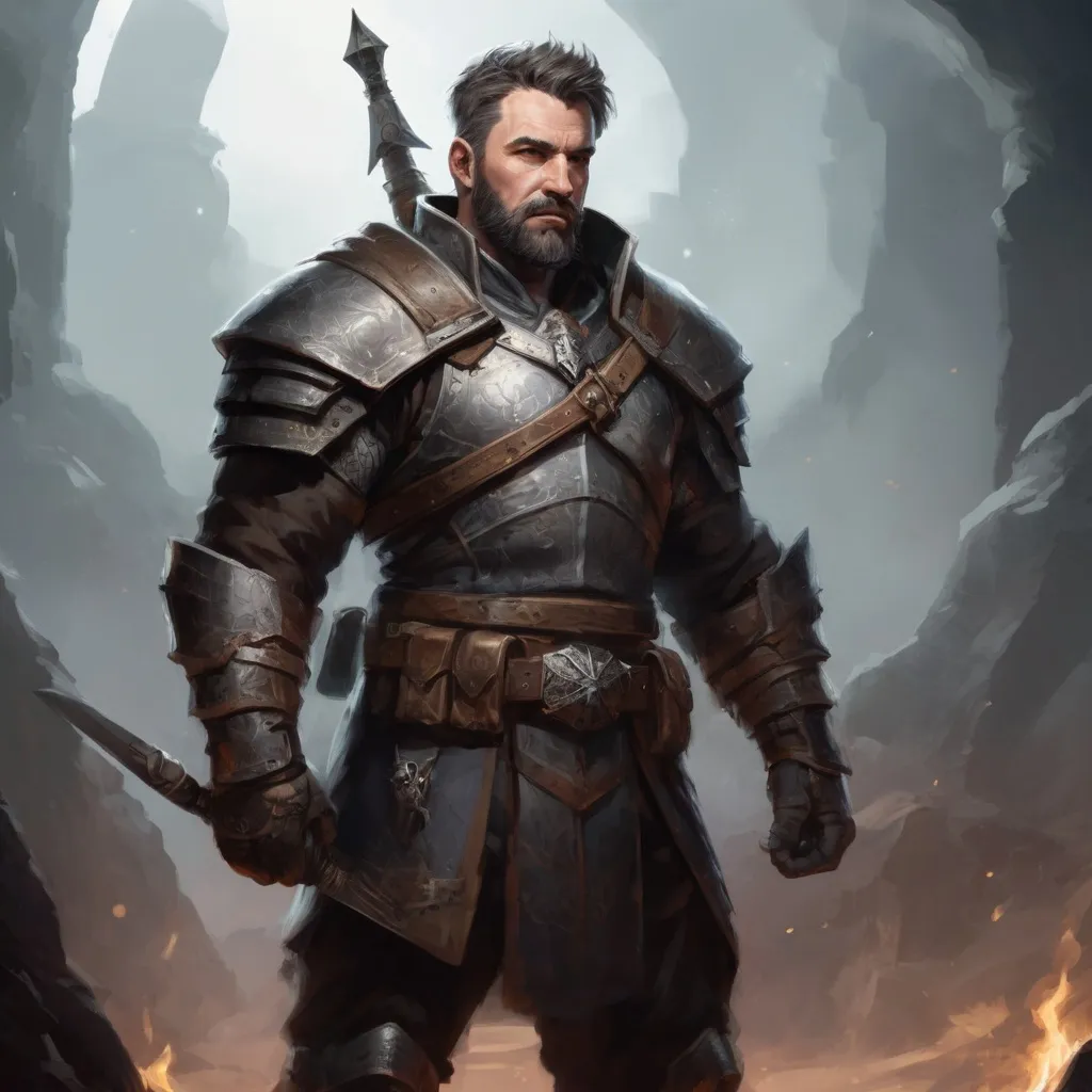 Prompt: Male stocky large mature warrior with short-cut hair and beard, exploring a dark astral cellar, pathfinder, d&d setting, realistic, enhanced shadow quality